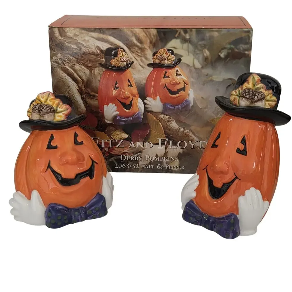 Vintage 2000 Fitz & Floyd Derby Pumpkins Salt & Pepper Shakers with Box